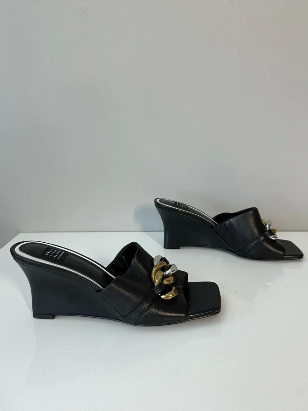 WHBM Black Wedges with Chain Accents Size 7.5 Square Toe Contemporary